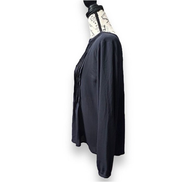 Ann Taylor M Navy Pleated Blouse Long Sleeve Keyhole Neck Career Office Work Top - Picture 7 of 13